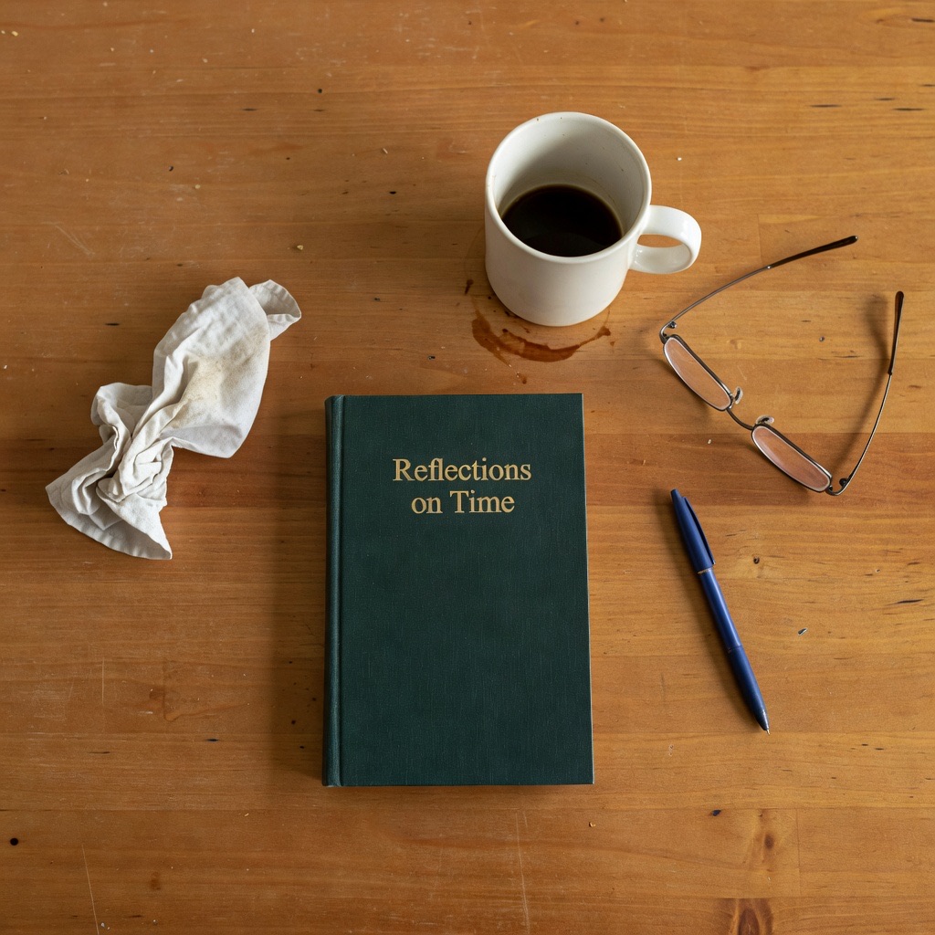 A premium hardcover memoir with dark green linen cover on a wooden table with coffee and reading glasses