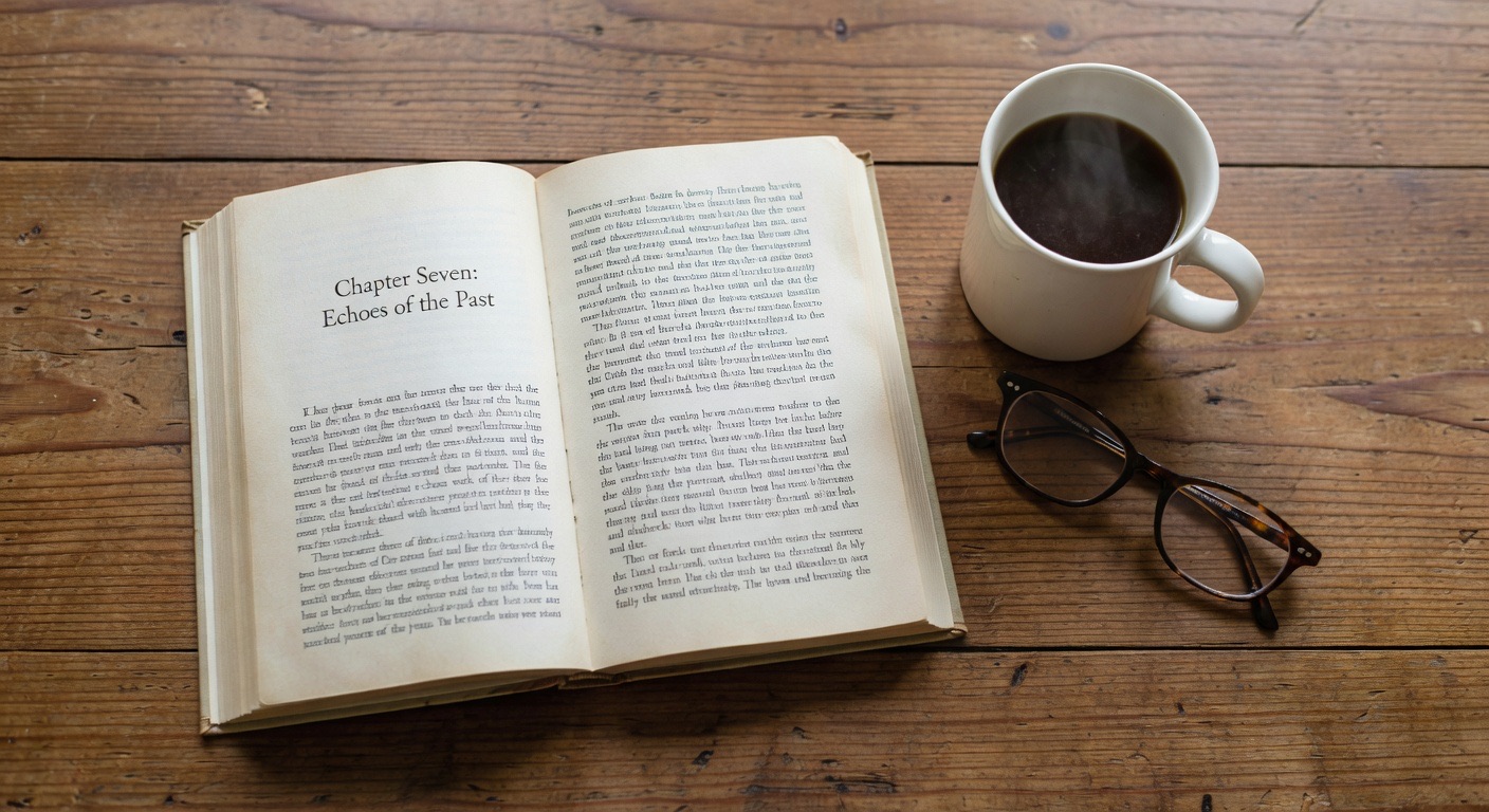 Open memoir showing Chapter Seven: Echoes of the Past with coffee mug and reading glasses