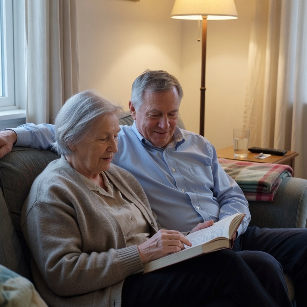 An elderly couple reading their memoir together on the couch
