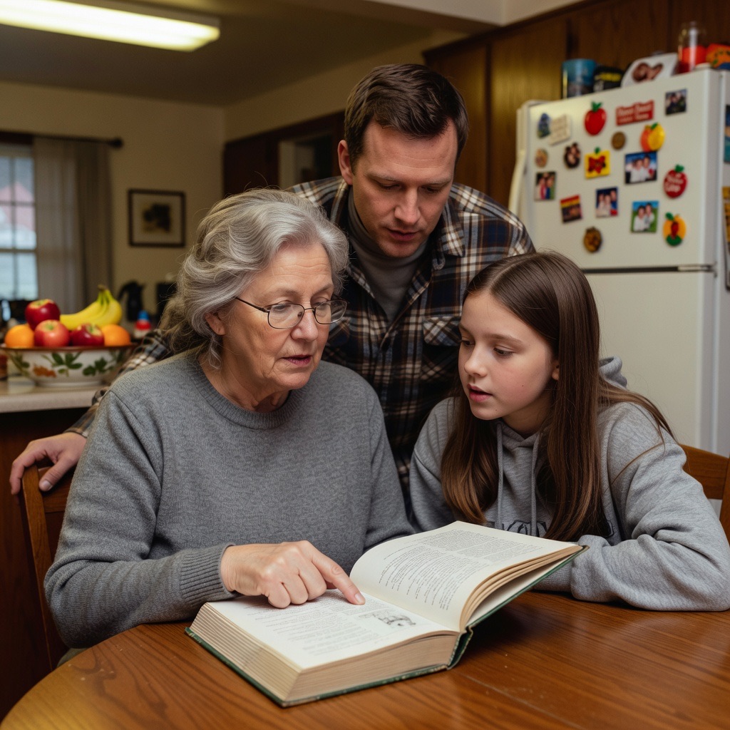 Three generations of a family gathered around a kitchen table looking at a memoir together