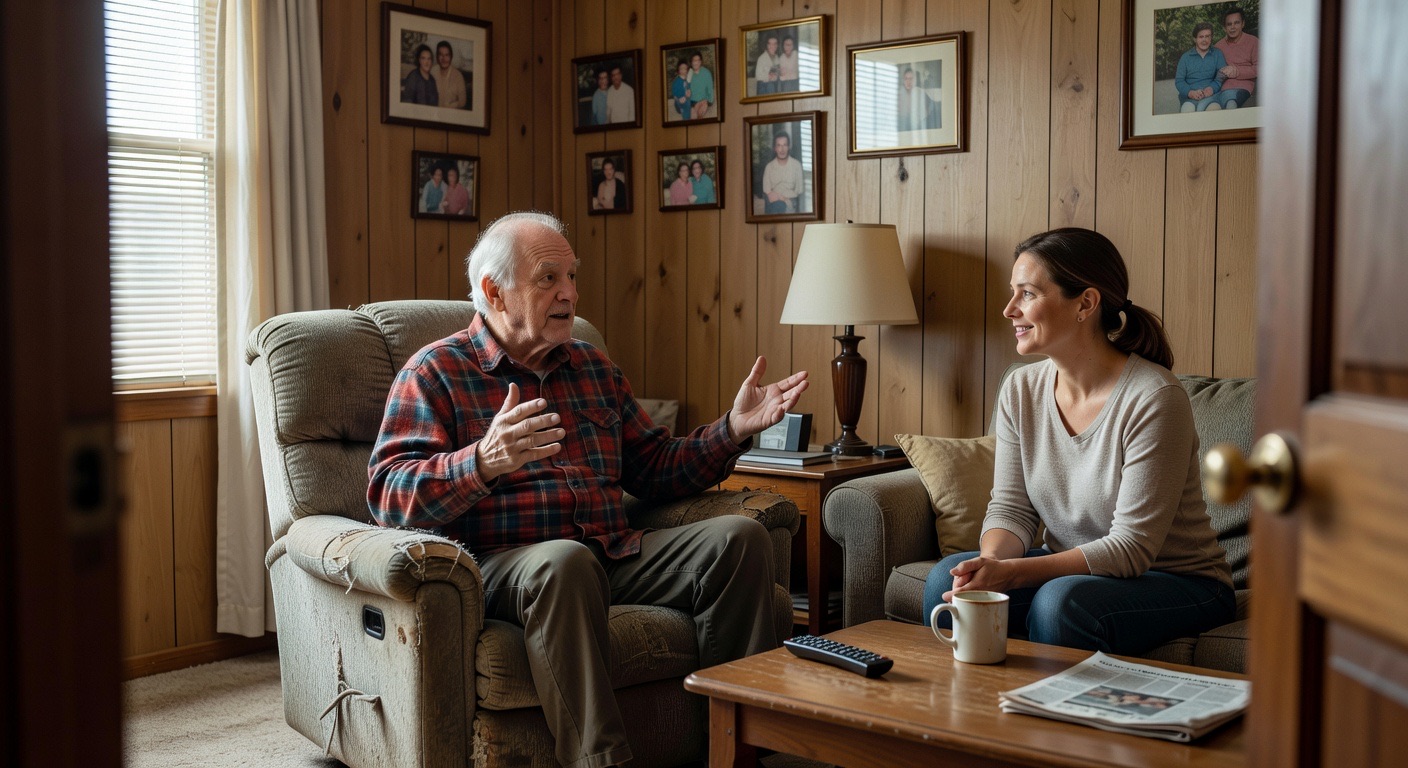 A grandparent telling stories while a family member listens warmly in a cozy living room